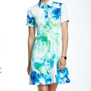 Donna Rocco White and Blue Buttoned Mini Sundress with Polo Collar